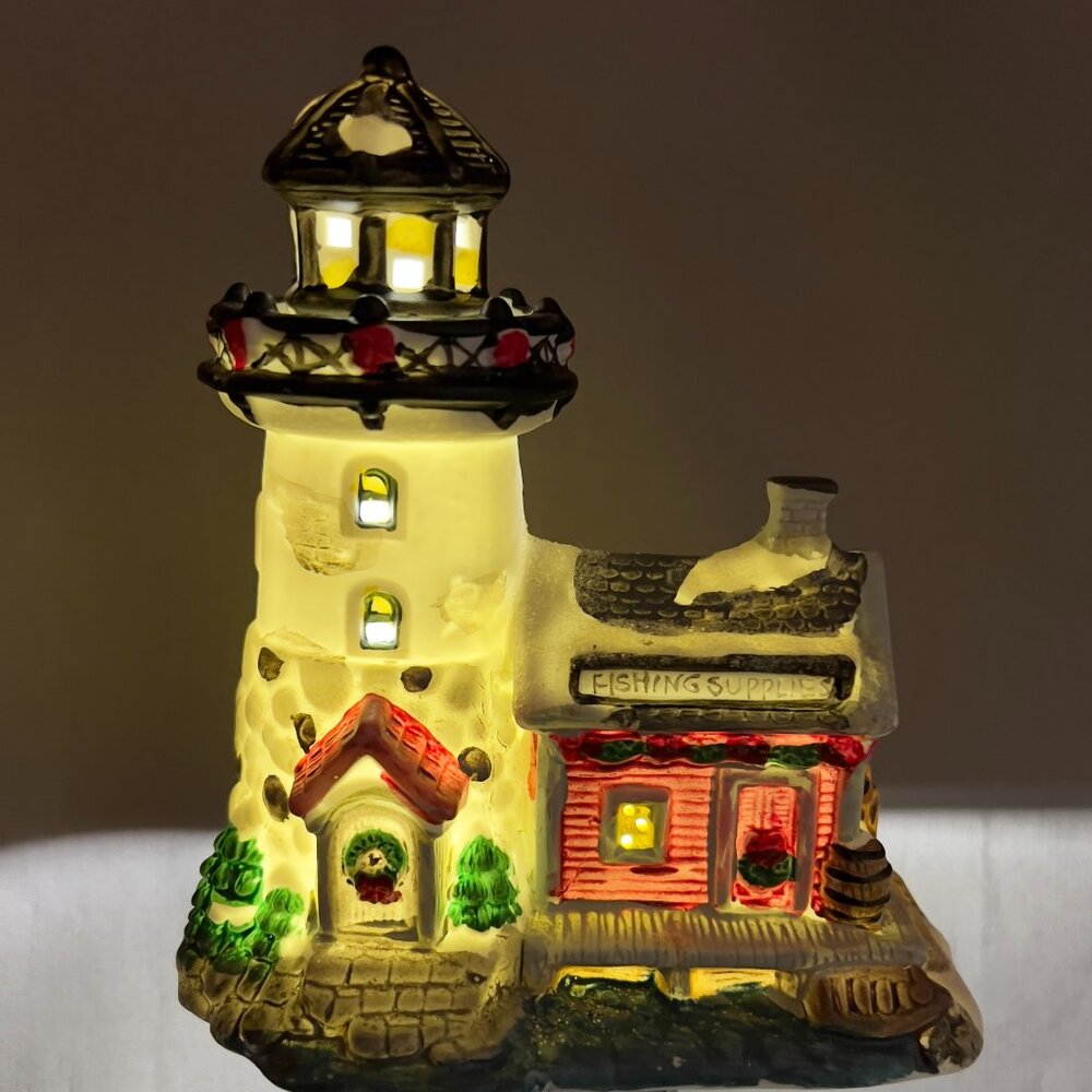 Cobblestone Corners Ceramic Christmas Village Lighthouse Fishing Supplies Y2K